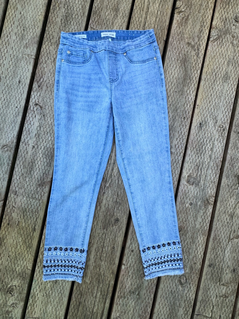 Tribal Light Blue Skinny Jeans with Black Embroidered Detail cropped